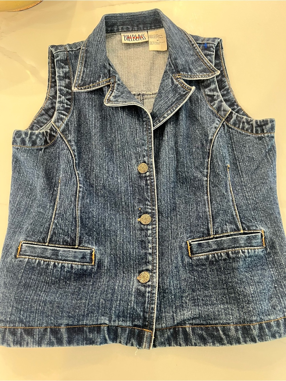 Bill Blass Denim Vest in Medium Blue with front pockets. Size M